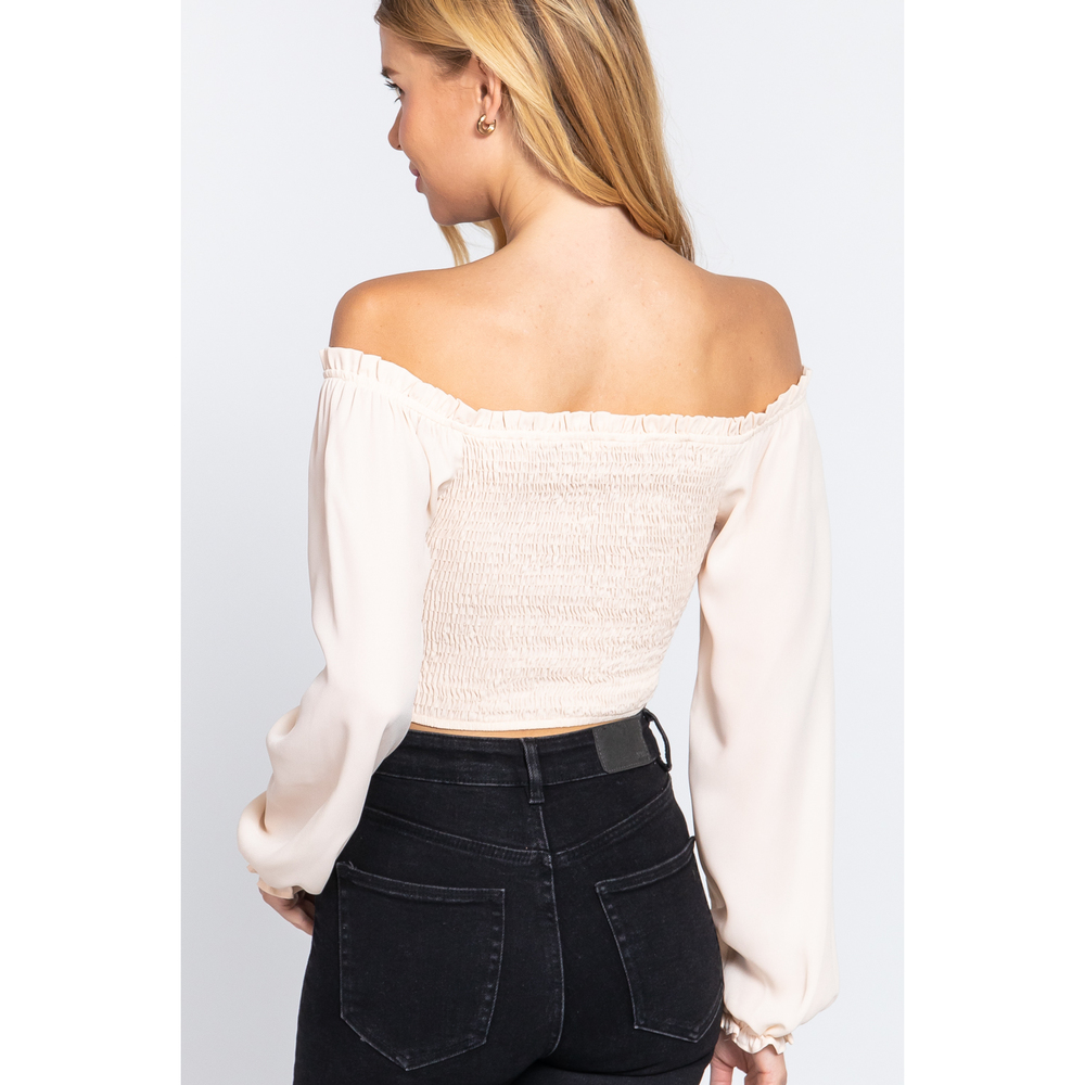 Off Shoulder Smocking Woven Top - Picture 4 of 7